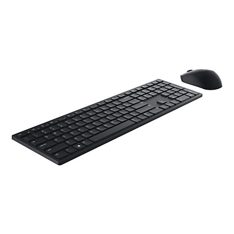 Schwarzes kabelloses Tastatur-Maus-Set vor weißem Hintergrund. Die Tastatur hat flache Tasten, die Maus ein ergonomisches Design.