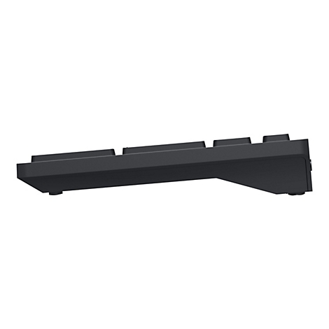 Schwarze Tastatur von unten in Schrägansicht, links oben angeschnitten.