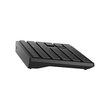 Schwarze ergonomische Tastatur, leicht schräg gestellt, im Detail. Gut sichtbare Tasten und leicht geschwungenes Design.