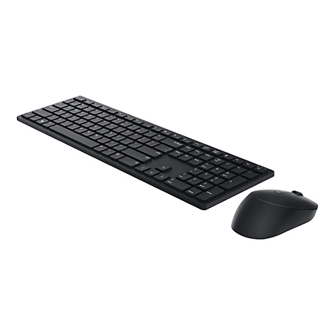 Schwarzes drahtloses Tastatur-Maus-Set vor weißem Hintergrund.