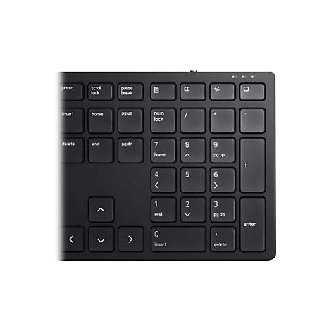 Draufsicht auf eine schwarze Tastatur mit vielen Tasten, einschließlich Nummernblock und Funktionstasten.