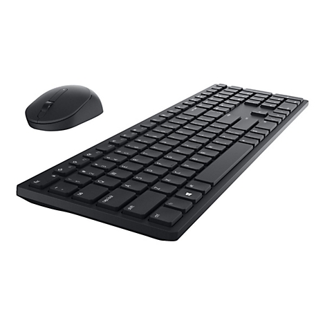 Schwarzes drahtloses Tastatur- und Mausset vor weißem Hintergrund. Die Tastatur hat flache Tasten. Die Maus ist oval.