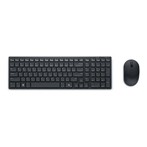 Draufsicht auf ein schwarzes kabelloses Tastatur- und Maus-Set auf weißem Hintergrund. Die Tastatur hat eine rechteckige Form mit abgerundeten Ecken und einer flachen Oberfläche mit weißen Buchstaben und Zahlen auf den Tasten. Die Maus befindet sich re...