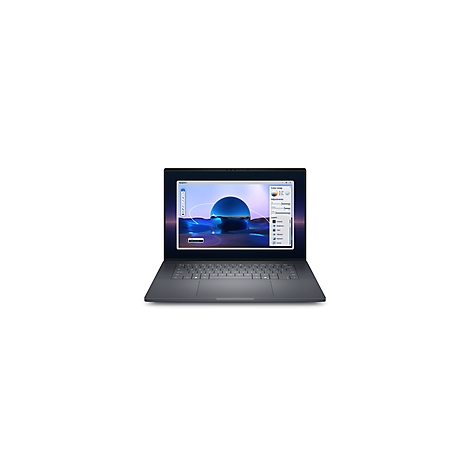 Dunkelgraues Laptop mit geöffnetem Bildschirm. Ein Bildbearbeitungsprogramm zeigt eine blaue Landschaft mit einem Halbkreis.
