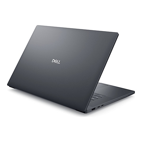 Dunkelgraues Dell-Laptop, leicht geöffnet, vor weißem Hintergrund. Das Dell-Logo ist sichtbar.