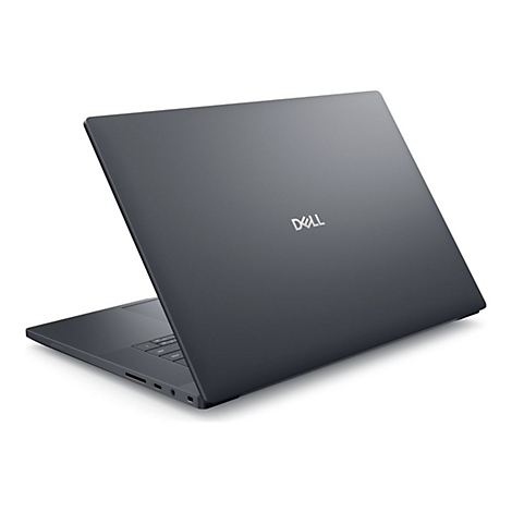 Dunkelgraues Dell Laptop, leicht geöffnet. Das Dell Logo ist mittig auf dem Deckel platziert.