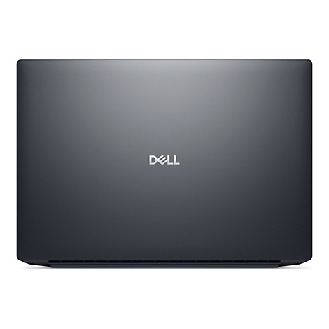Dunkelgraues Dell-Laptop, Ansicht von oben. Das Dell-Logo in Silber glänzt zentral.