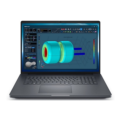 Dunkelgraues Notebook mit CAD-Software, zeigt blau-grünes 3D-Modell.