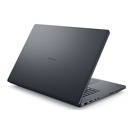 Dunkelgraues Dell-Laptop mit geöffnetem Bildschirm. Das Dell-Logo ist auf der Außenseite zu sehen.