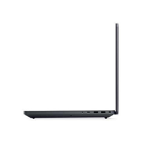 Dunkelgraues Laptop-Profil, Ports auf der linken Seite. Offener Bildschirm, gegen weißen Hintergrund.