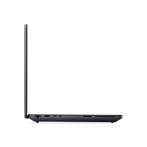 Schwarzer Laptop, Seitenansicht. Anschlüsse: USB, HDMI, Audio, SD-Kartenleser. Schlankes Design mit flacher Oberseite.