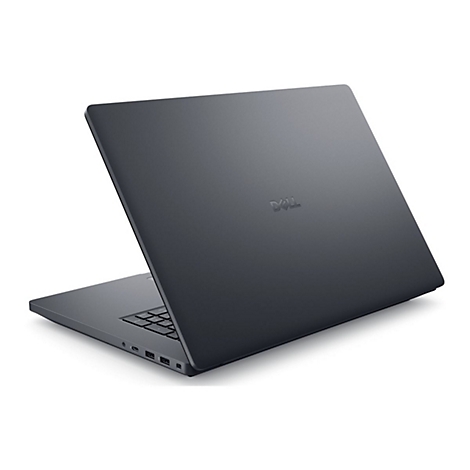 Dunkelgraues Dell-Laptop, leicht schräg von hinten fotografiert. Das Dell-Logo ist sichtbar.
