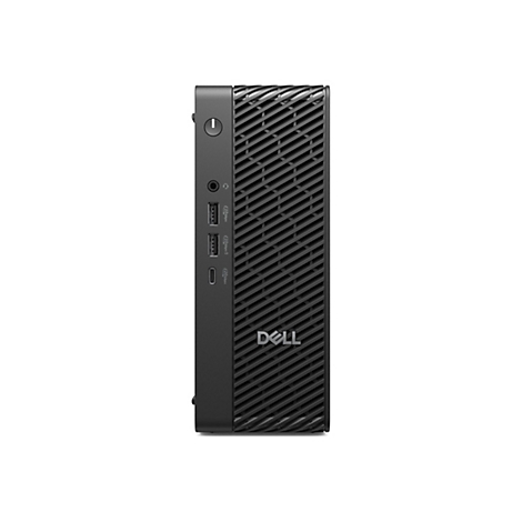 Schwarzer Dell-Mini-Desktop-PC, der aufrecht steht. Er hat einen Ein-/Ausschalter, USB-Anschlüsse und das Dell-Logo.
