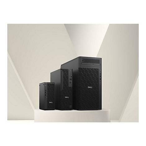 Drei schwarze Dell Computer auf einer weißen Säule. Der größte hat ein strukturiertes Gittermuster. Logo Dell sichtbar.