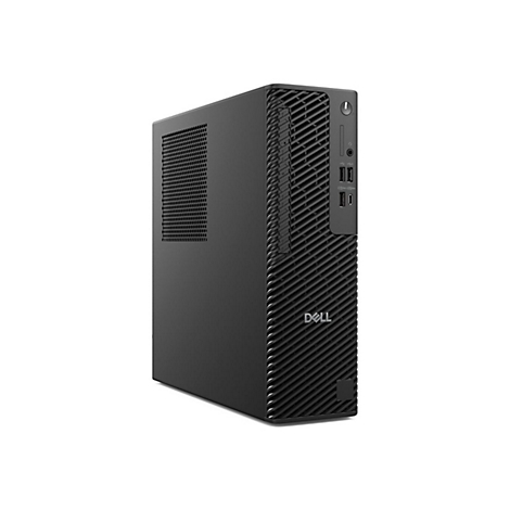 Ordinateur de bureau Dell noir, vue latérale. Structure de lignes verticales sur le devant, avec logo. Divers ports et un bouton d'alimentation.