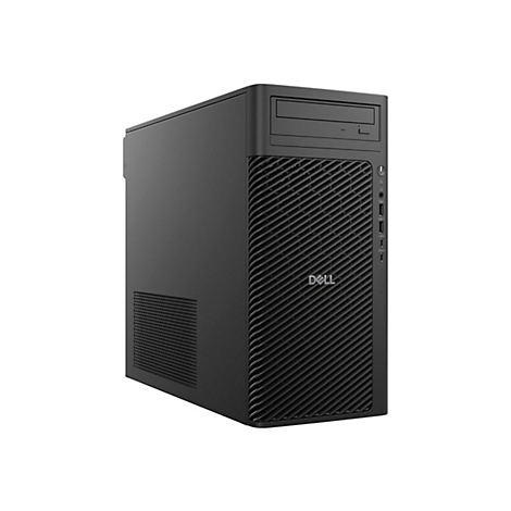 PC tour Dell noir sur fond blanc. Lecteur DVD, ports et logo visibles.