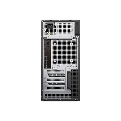 Rückseite eines schwarzen Desktop-Computers mit Anschlüssen, Lüftungsschlitzen und Netzkabelanschluss.