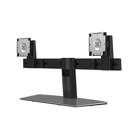 Schwarzer Doppelmonitor-Ständer mit Metallplatten, die an den Monitoren befestigt werden. Auf grauer Basis.