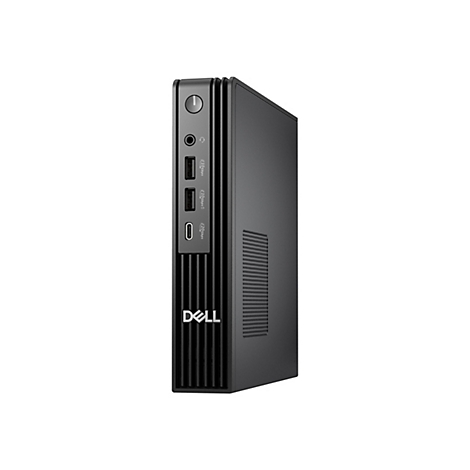 Schwarzer Dell Mini-PC, von vorne gesehen. Oben befinden sich ein Einschaltknopf und Audioanschlüsse. USB-Anschlüsse und Dell-Logo.
