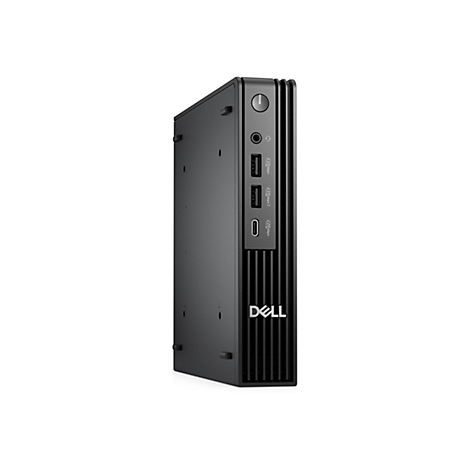 Petit PC Dell noir, vue latérale. Haut : bouton d'alimentation, prise audio. Ports USB, en dessous logo DELL.
