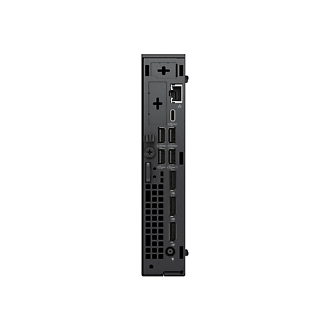 Die Rückseite eines schwarzen Mini-PCs mit verschiedenen Anschlüssen. Dazu gehören Netzwerkanschlüsse, USB-Anschlüsse und DisplayPorts.