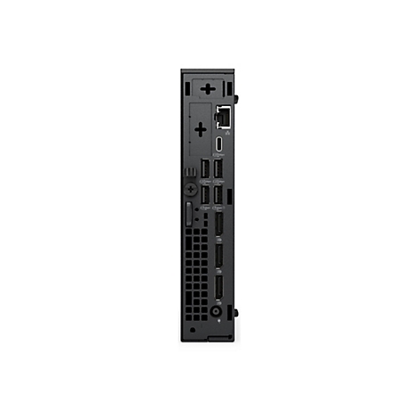 Arrière d'un ordinateur de bureau noir avec différents ports, dont USB, Ethernet et DisplayPorts.