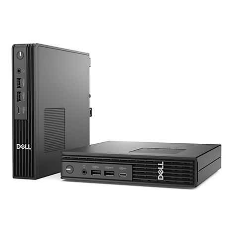 Zwei schwarze Dell-Mini-Computer. Einer steht, der andere liegt. Vorderseite: USB-Anschlüsse, Audioanschluss und Power-Taste.