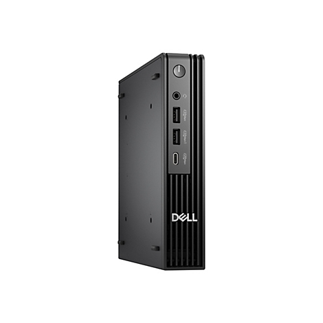 Ein schwarzer Dell-PC-Tower vor weißem Hintergrund. Sichtbar sind Anschlüsse, Ein-/Aus-Schalter und das Dell-Logo.