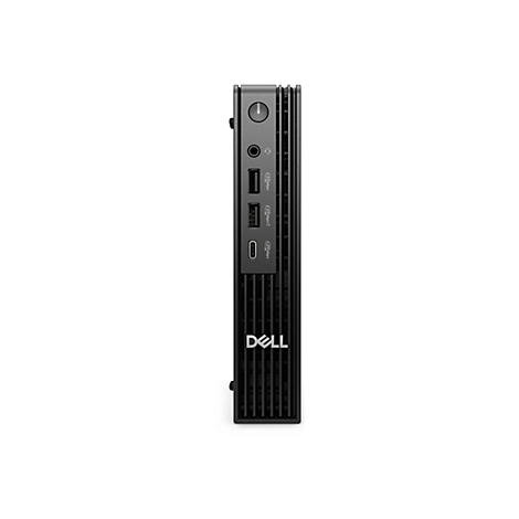 Mini-PC Dell noir, vue latérale. En haut : bouton d'alimentation, prise jack, 2x USB, USB-C et prise casque. Logo Dell en bas.
