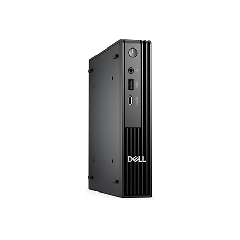 Schwarzer Dell-Mini-PC. Seitlich sind Anschlüsse und ein Power-Button zu sehen. Das Dell-Logo ist unten rechts platziert.