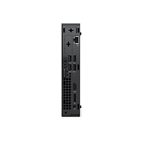 Draufsicht auf die Rückseite eines schwarzen Mini-PCs mit Anschlüssen wie Ethernet, USB, HDMI und Stromanschluss.