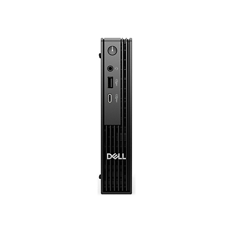 Mini-PC noir Dell, vue de face. Haut : Bouton d'alimentation, prise audio. Bas : Ports USB et USB-C. Logo Dell.