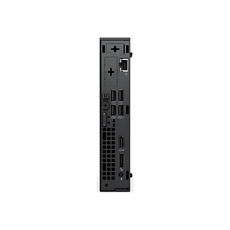 Nahaufnahme der Rückseite eines schwarzen Mini-PCs. Zu sehen sind Anschlüsse wie HDMI, USB, Ethernet und Stromanschluss.