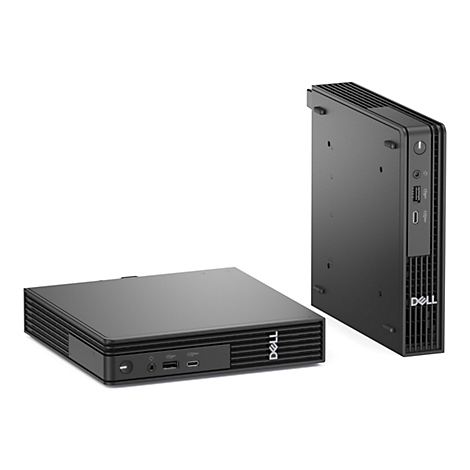 Zwei schwarze Dell Mini-PCs auf weißem Hintergrund, einer liegend, einer stehend. Beide Geräte zeigen Ports und das Dell-Logo.