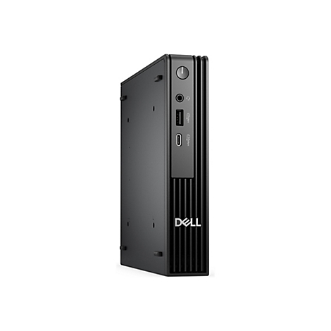 Schwarzer Mini-Desktop-Computer, Seitenansicht. Ein-Aus-Taste, USB-Anschlüsse und Kopfhöreranschluss.
