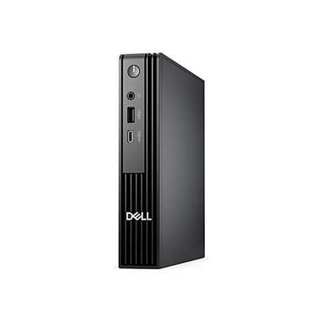 Ein schwarzer Dell Mini-PC, von vorne fotografiert, auf weißem Hintergrund. Sichtbar sind Ein-/Aus-Schalter, Audioanschluss, USB-Anschluss.