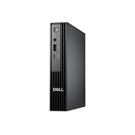 Schwarzer Desktop-PC der Marke Dell. Oben ein Einschaltknopf, darunter Anschlüsse und das Dell-Logo.