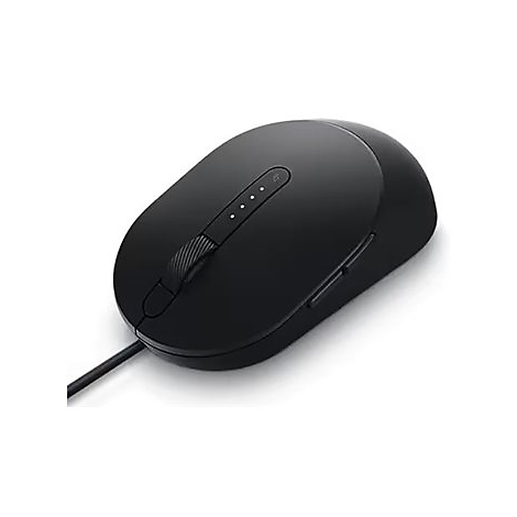 Schwarze Maus, von oben fotografiert. Mit Kabel. Auf der Oberseite befinden sich vier kleine Punkte.