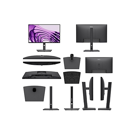 Der schwarze Dell Monitor in verschiedenen Ansichten: Vorderseite mit violettem Hintergrundbild, Rückseite, Seitenansichten, Ständer und Anschlüsse.