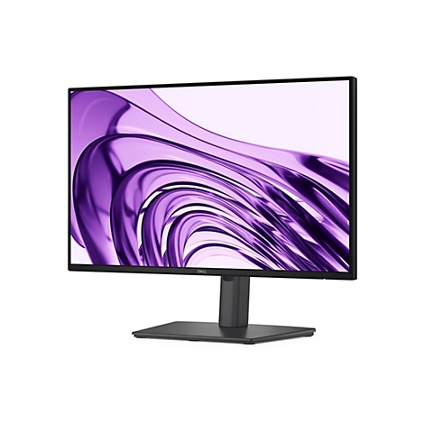 Ein schwarzer Dell-Monitor. Der Bildschirm zeigt ein violettes abstraktes Muster. Der Monitor hat einen schwarzen Rahmen und steht auf einem schwarzen Sockel. Auf dem Rahmen steht das Wort DELL.