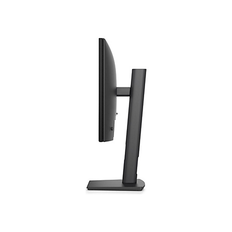 Seitenansicht eines schwarzen Monitors mit Standfuß. Der Bildschirm ist schlank und hat einen schmalen Rahmen.