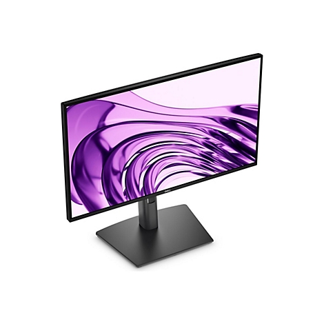 Der Monitor zeigt ein lila Muster. Er steht auf einem grauen Fuß. Schwarzer Rahmen.