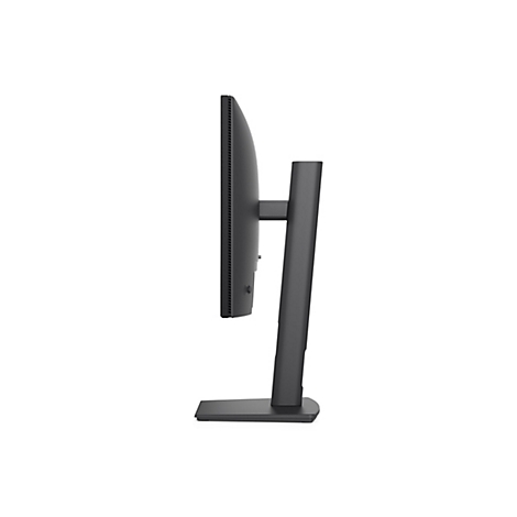 Seitenansicht eines schwarzen Monitors mit Standfuß. Der Bildschirm zeigt keine Inhalte und ist auf einem weißen Hintergrund isoliert.