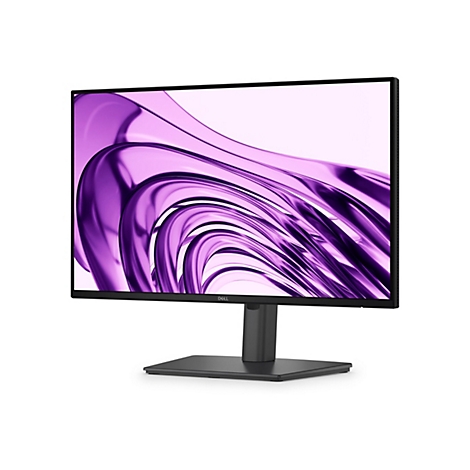 Ein Dell-Monitor vor weißem Hintergrund. Der Bildschirm zeigt eine abstrakte lila Darstellung.