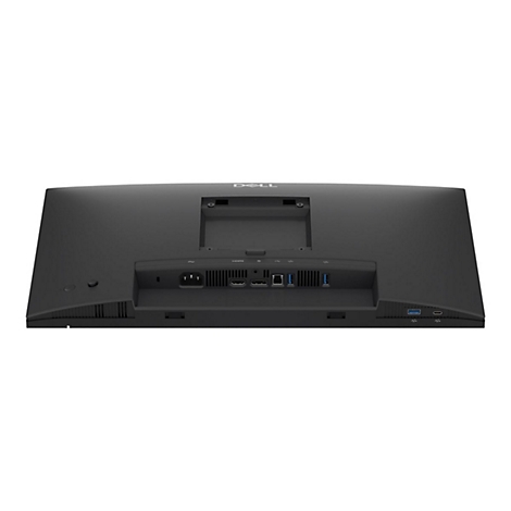 Schwarzer Monitor mit Anschlüssen, Dell-Logo oben. Rückseite mit Strom-, HDMI- und USB-Anschlüssen.