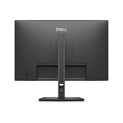 Rückseite eines schwarzen Dell-Monitors mit Standfuß. Das Dell-Logo ist oben zentriert. Anschlüsse und Knöpfe sind unten.