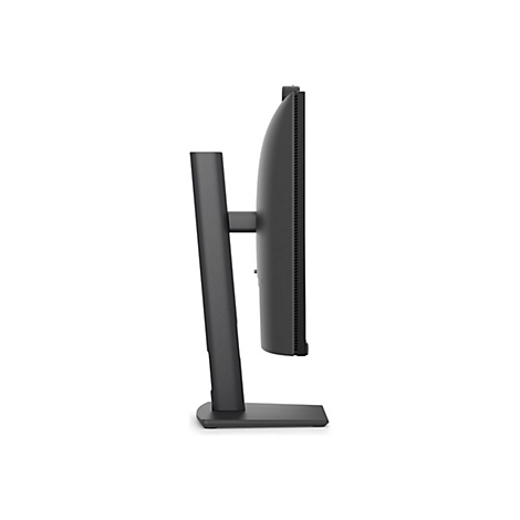 Seitliche Ansicht eines schwarzen Monitors auf einem Standfuß vor weißem Hintergrund.