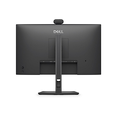 Rückseite eines schwarzen Dell Monitors mit Standfuß und Webcam auf weißem Hintergrund.