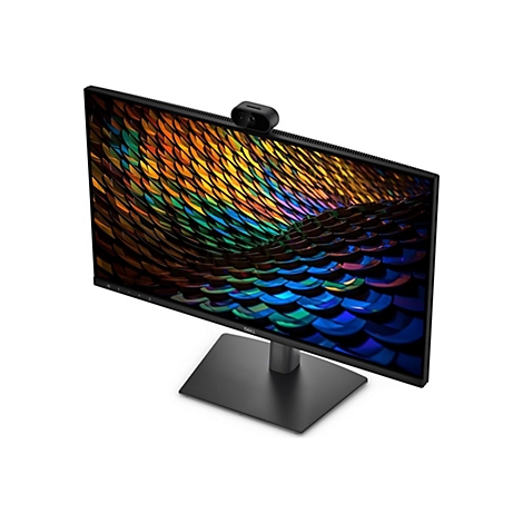 Schwarzer Dell Monitor mit integrierter Webcam auf einem Standfuß vor weißem Hintergrund.