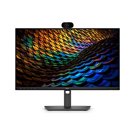 Schwarzer Dell-Monitor mit schmalem Rahmen, integrierter Webcam und buntem, abstraktem Muster auf dem Display.